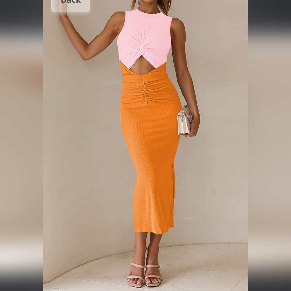 Viral Pink and Orange Color Block Twist Front Knit High Slit Dress